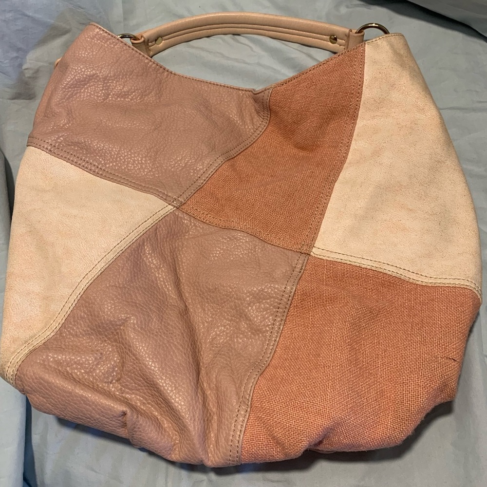 Tan, light pink and pink Hobo leather and Jean patchwork bag